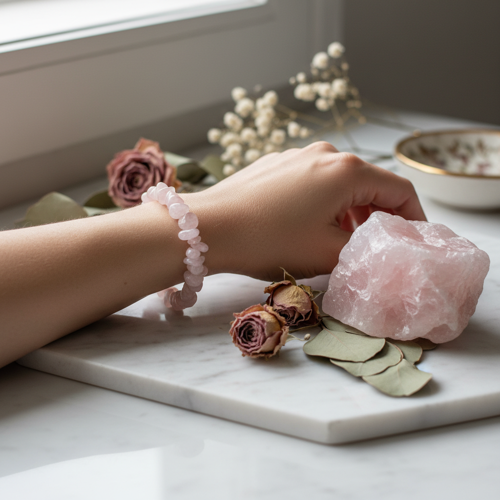 lifestyle-rose-quartz-chipped-bead-bracelet-wrist