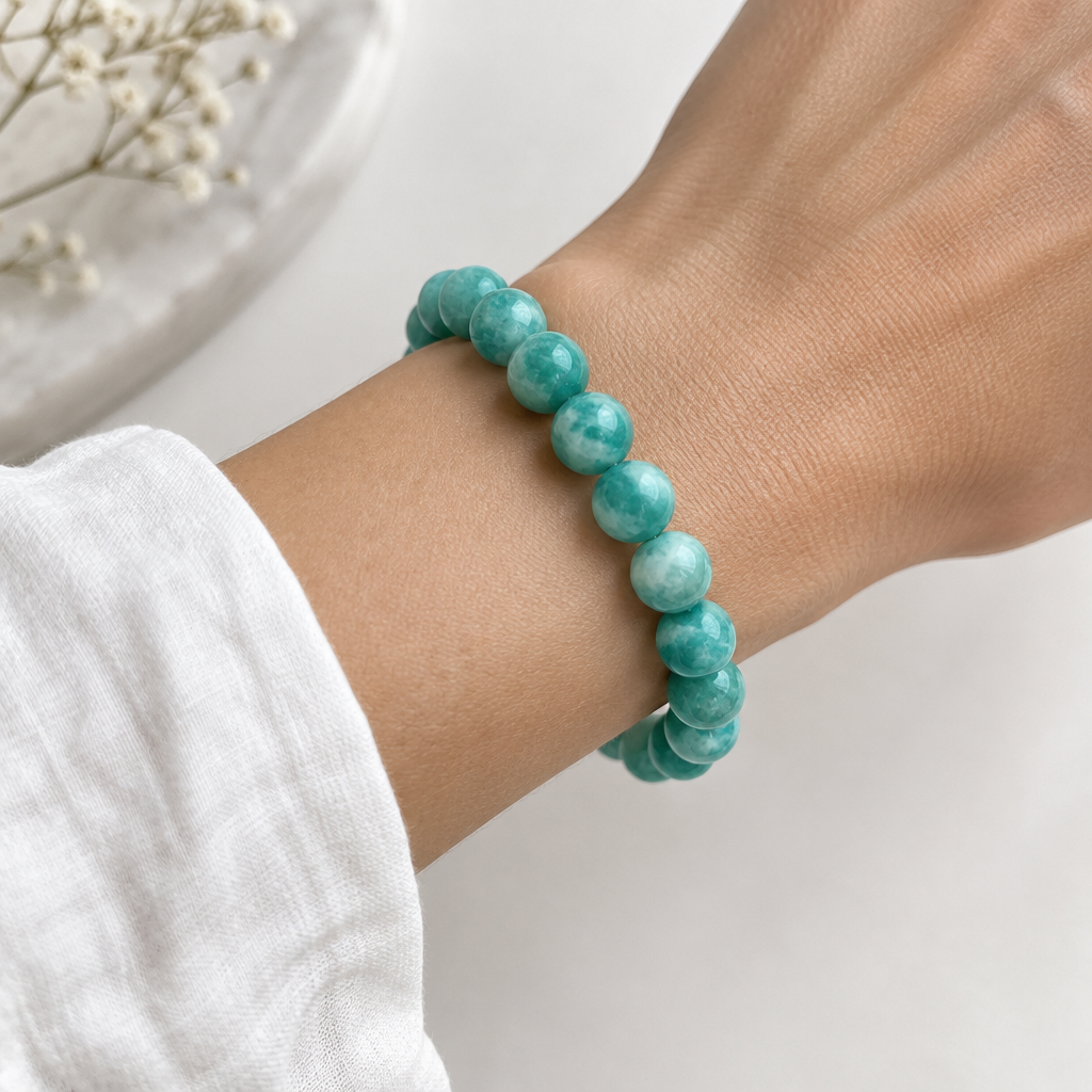 Amazonite Round Bead Bracelet - On Wrist