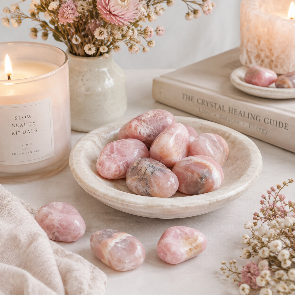 Pink opal tumbled stones lifestyle