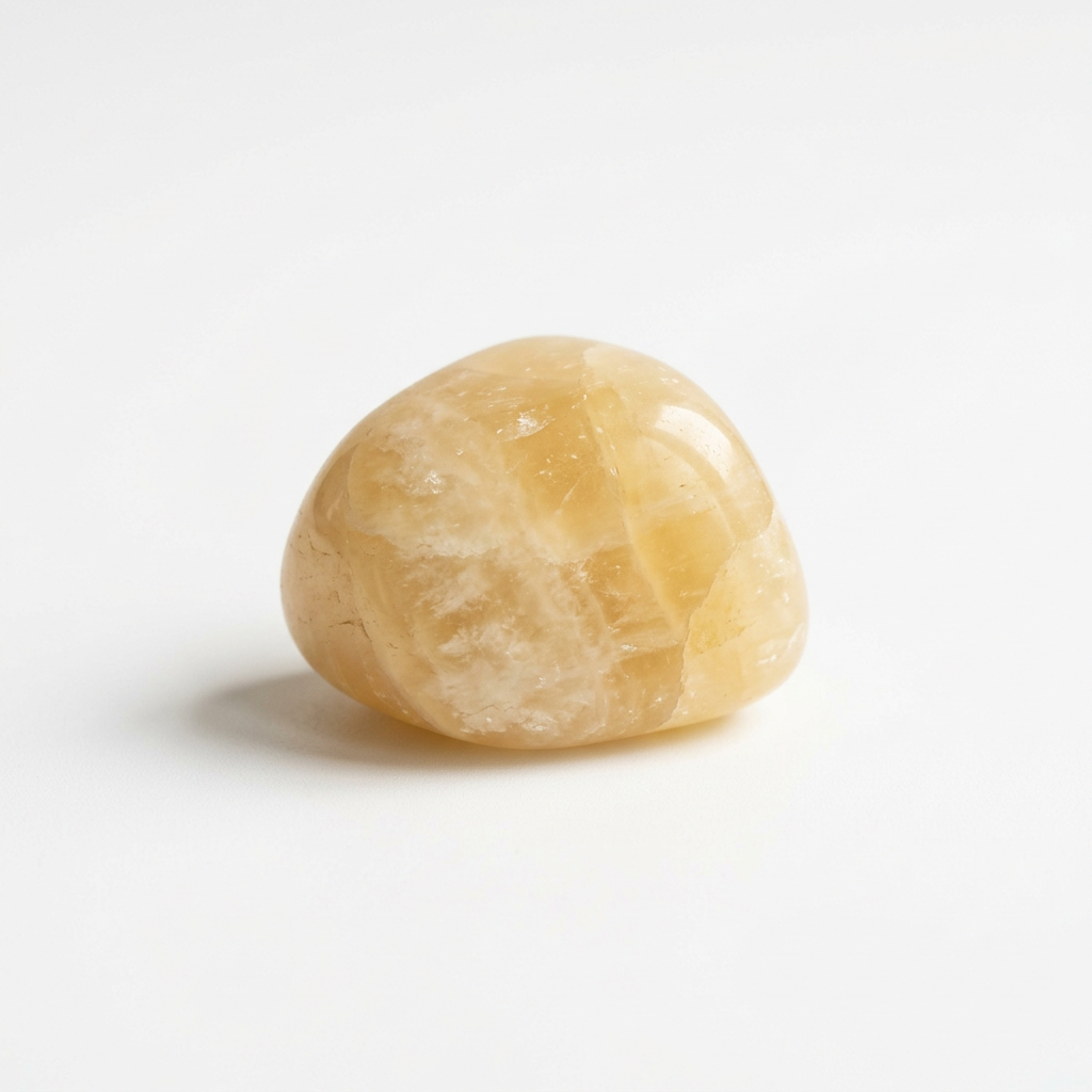 Illustrative yellow calcite tumble stone on a white background