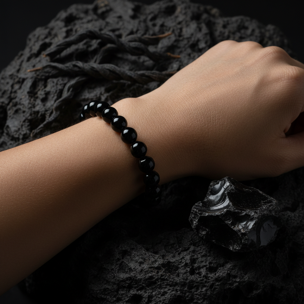 Black Obsidian Round Bead Bracelet 