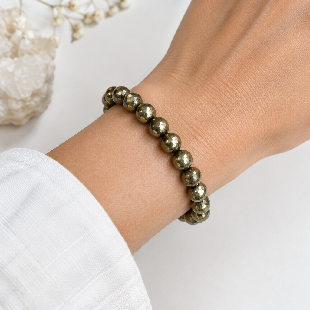 Pyrite Round Bead Bracelet - On Wrist
