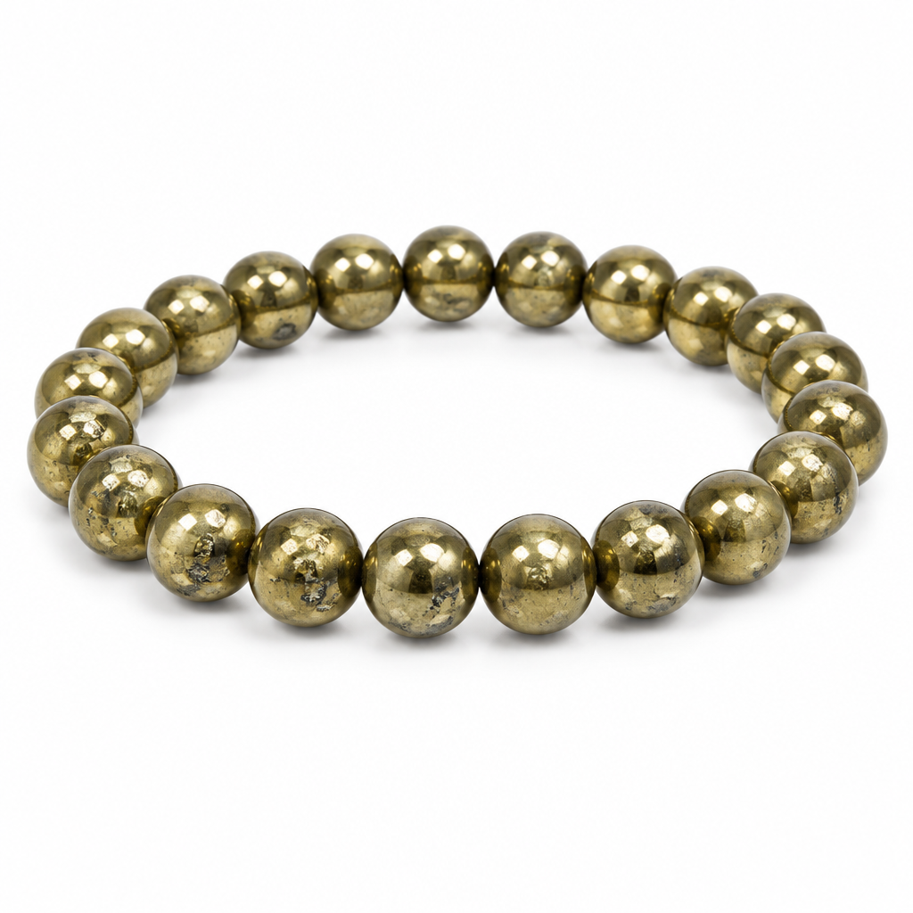 Pyrite Round Bead Bracelet - White Background