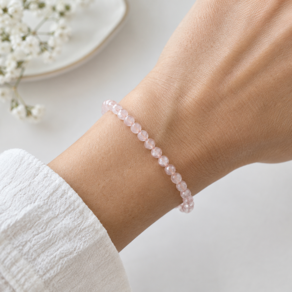 Rose Quartz 4mm Faceted Bead Bracelet - On Wrist