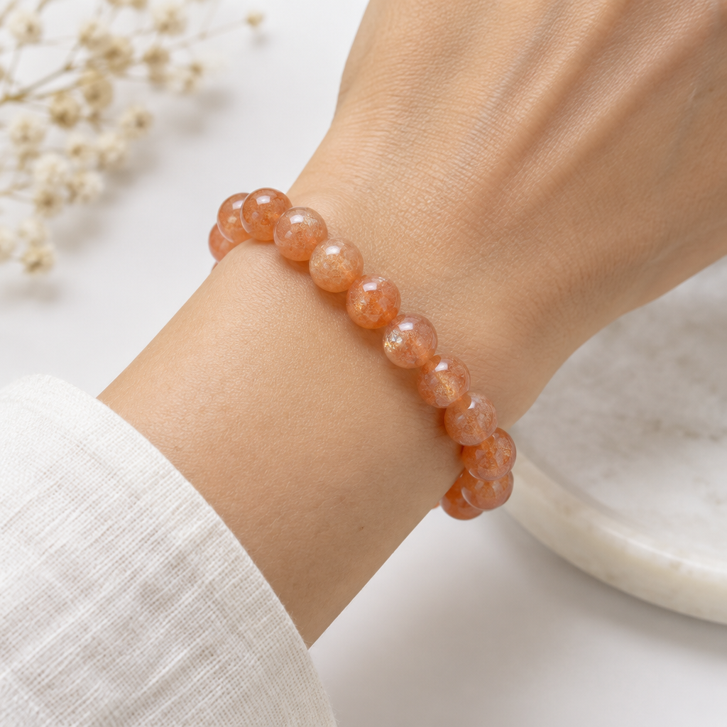 Sunstone Round Bead Bracelet - On Wrist